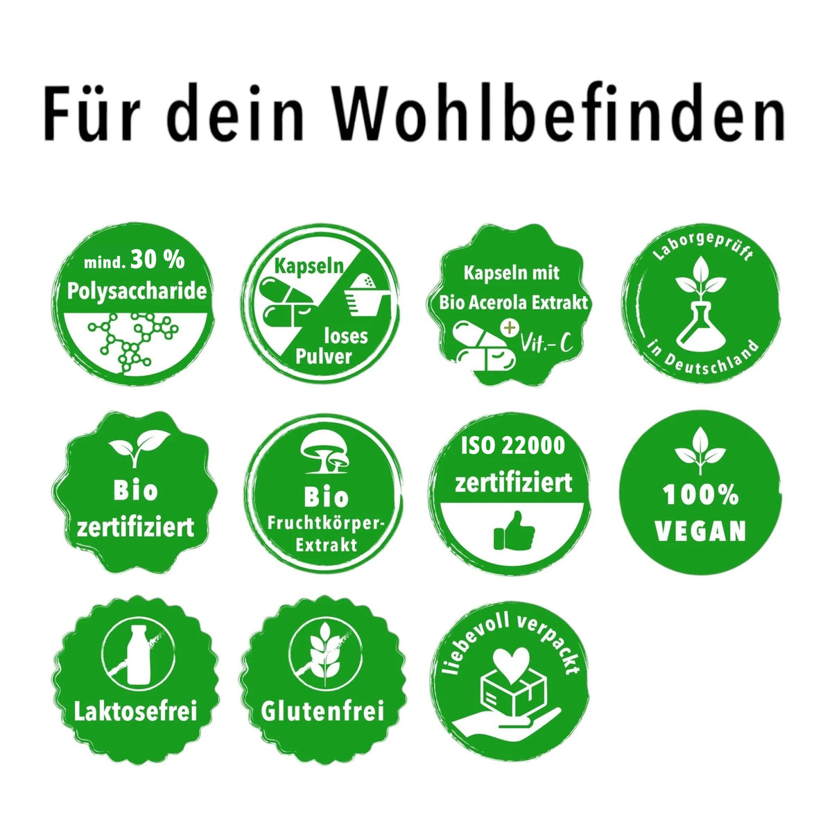 Für dein Wohlbefinden: Qualitätsmerkmale wie mindestens 30 % Polysaccharide, Bio-zertifiziert, ISO-22000-zertifizierte Herstellung, vegan, laktose- und glutenfrei - OnlinePilze