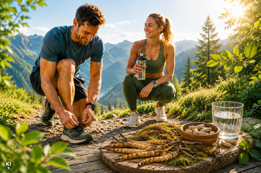 Paar beim Wandern in den Bergen mit Cordyceps, Vitalpilz Cordyceps im Sport