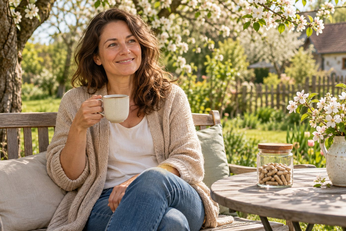 Frau genießt eine Tasse Tee im blühenden Frühlingsgarten
