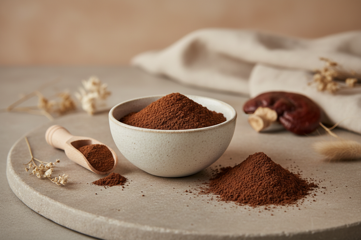 Geniere ein schmales Bild mit der Abbildung von Vitalpilz Extrakt pulver in Braun