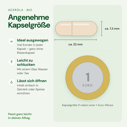 Kapselgröße 0 von Acerola im Größenvergleich mit einer 1-Euro-Münze