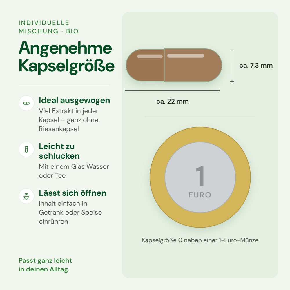 Kapselgröße 0 von Individuelle Mischung im Größenvergleich mit einer 1-Euro-Münze