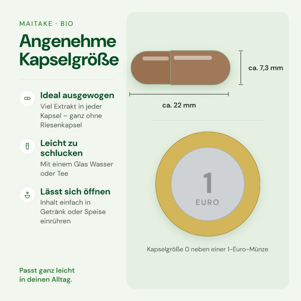 Kapselgröße 0 von Maitake im Größenvergleich mit einer 1-Euro-Münze