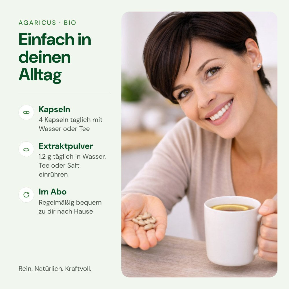 Agaricus einfach im Alltag einnehmen – Kapseln oder Extraktpulver