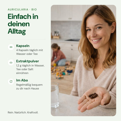 Auricularia einfach im Alltag einnehmen – Kapseln oder Extraktpulver