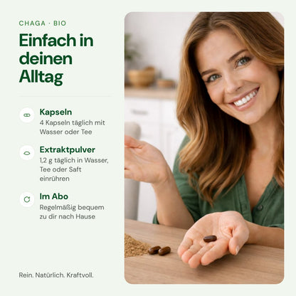 Chaga einfach im Alltag einnehmen – Kapseln oder Extraktpulver