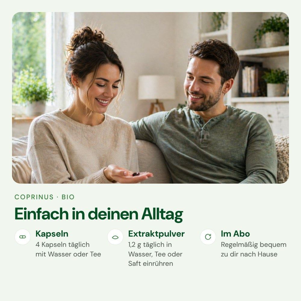 Coprinus einfach im Alltag einnehmen – Kapseln oder Extraktpulver