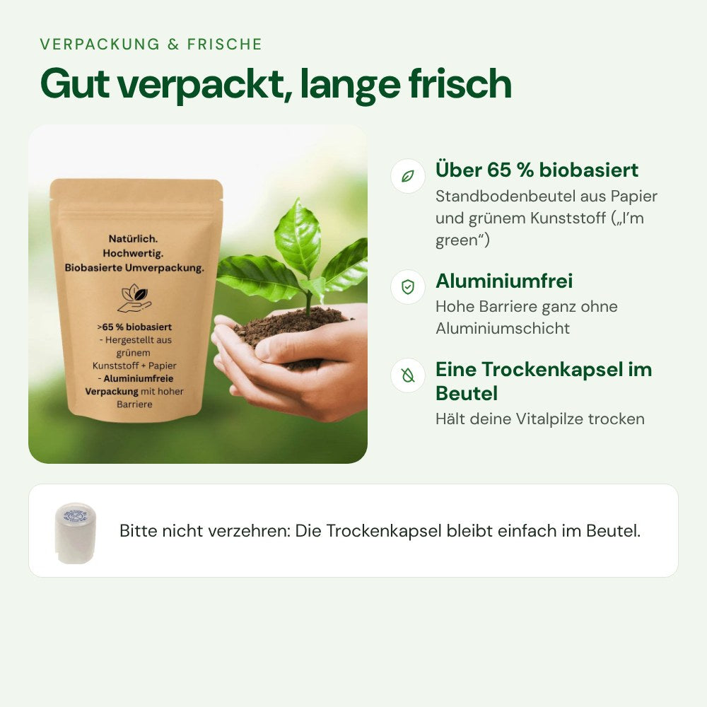 Biobasierter Standbodenbeutel mit Trockenkapsel – Hericium