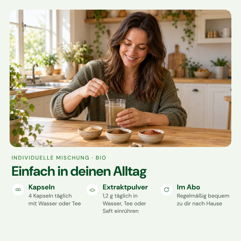 Individuelle Vitalpilz-Mischung einfach im Alltag einnehmen – Kapseln oder Extraktpulver