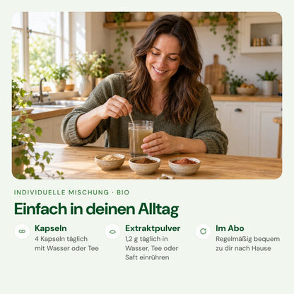 Individuelle Vitalpilz-Mischung einfach im Alltag einnehmen – Kapseln oder Extraktpulver