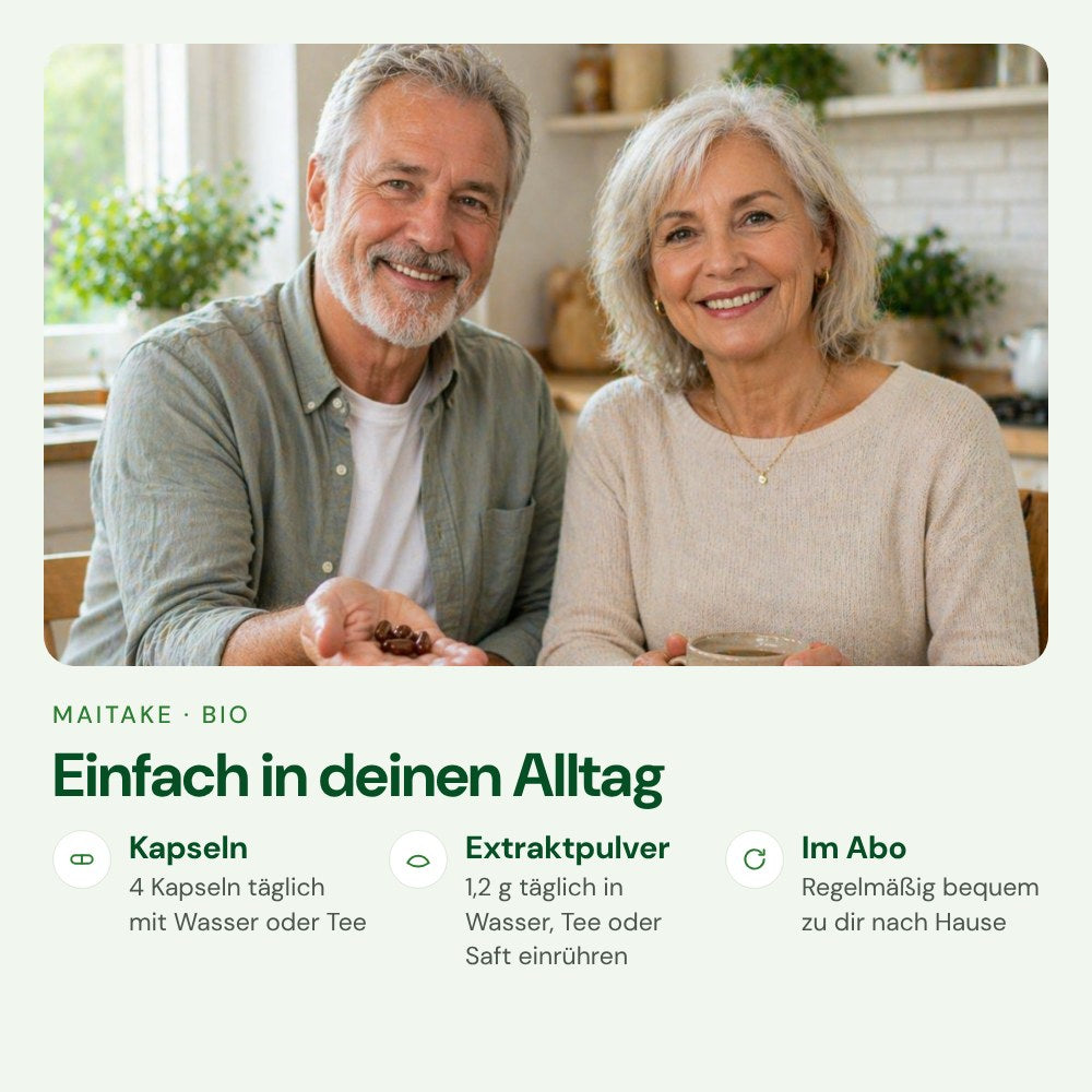 Maitake einfach im Alltag einnehmen – Kapseln oder Extraktpulver