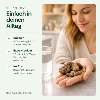 Shiitake einfach im Alltag einnehmen – Kapseln oder Extraktpulver