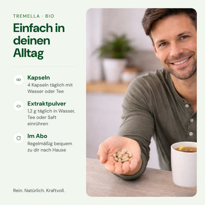Tremella einfach im Alltag einnehmen – Kapseln oder Extraktpulver